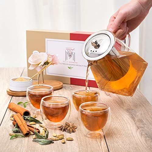 Комплект стъклени чайници Mixpresso от 5 теми, чайник с подвижна заварочным устройство, чайник от прозрачно стъкло 33 грама с 4 чаши
