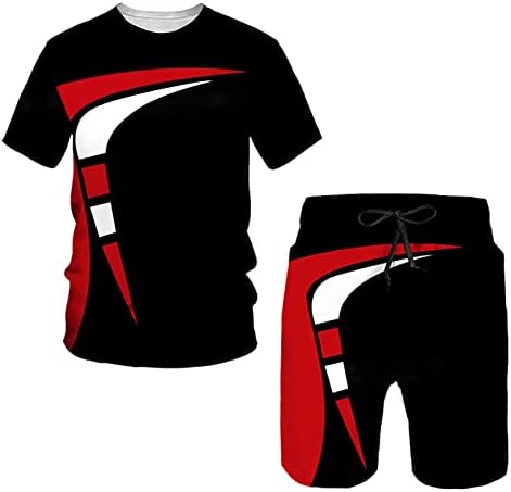 Мъжки спортен костюм, Комплект от 2 теми С Графичен Принтом, Модни Лятна Риза с Къс ръкав и кръгло деколте и къси Панталони, Комплект