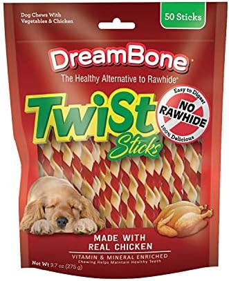Пръчки Dingo Twist 50 грама, от сурова кожа за кучета, с натурален пилешко месо, 50 грама (опаковка от 1 броя) и пръчки Dreambone Twist, за Дъвчене за кучета, без да е сурова кожа, с ес?