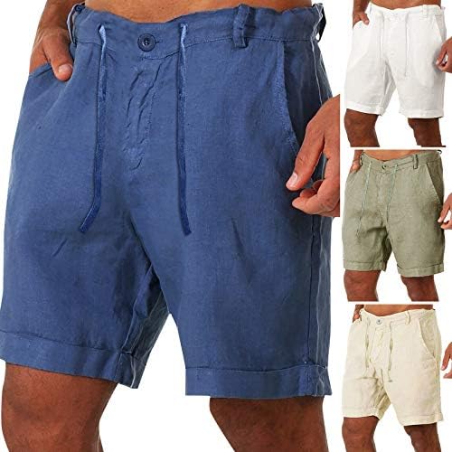 NIUQI Мъжки Ежедневни Ленени къси Панталони Летни Плажни Шорти Свободно Намаляване Къси Панталони с Шнурком и Бутони