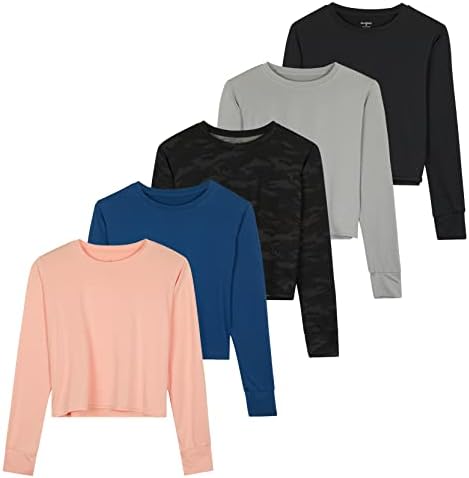 5 Опаковки: Женски Съкратен топ Dry Fit - Еластична спортна тениска с кръгло деколте и дълъг ръкав (на разположение в големи размери)