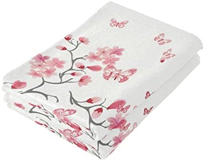 Комплект Кърпи за ръце Cherry Blossom от 2 Абсорбираща Кърпи с Розова Пеперуда и Цветя Модел, Мека Кърпа за лице с Цветя Модел черешов