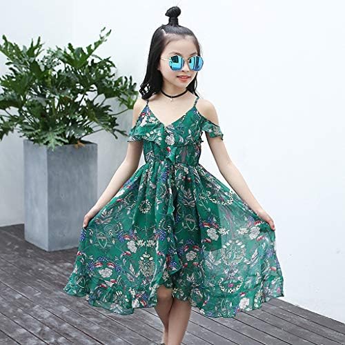 Детско Плажна рокля в бохемски стил с флорални волани и отворени рамене за момичета, Дрехи и Сватбени рокли с цветя модел за момичета (Зелен, 170)