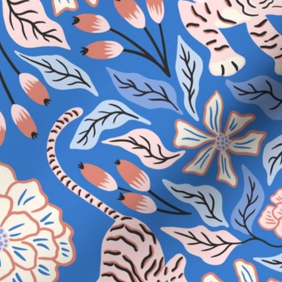 Плат Spoonflower - Тигрови Светло Синьо Голямо Розово Цвете Модел, Отпечатани на Органична Памучна Сатиновой Плат, Дебел Четвърт