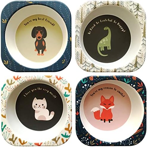 Бамбукови купички BeeBon Beauty Home, Бамбукови чинии за деца в комплект - Комплект от 8 супер Сладки кученца, на Динозаврите, Лисичек и котки - Лесно почистване - Екологично ?