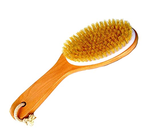 Четка за тяло от естествен косъм на глиган с дървена дръжка от Spa Destinations за мокро или сухо почистване на зъбите във вана и душ