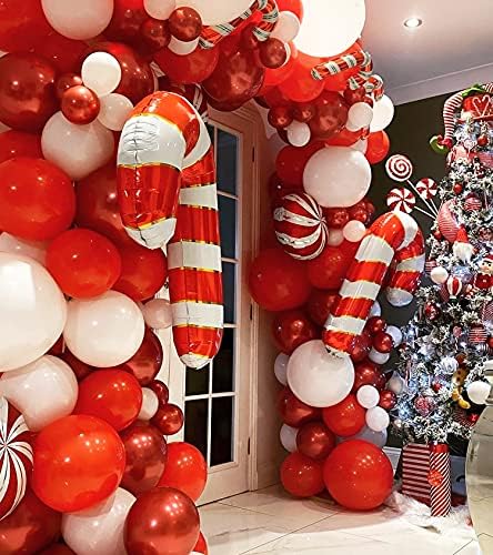 Комплект Коледно Арка с Венец от Балони – 160 Опаковки Бяло-Червени Латексови Балони с Коледни Кръгли Конфетными Тростниками,