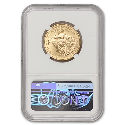 Монета MS-70 с американския златен орел 2021 година с тегло 1/2 унция (W) (Ранни издания - Портрет на орел T-2 - Отчеканен на монетния двор на Уест-Пойнта) от монетния двор State G