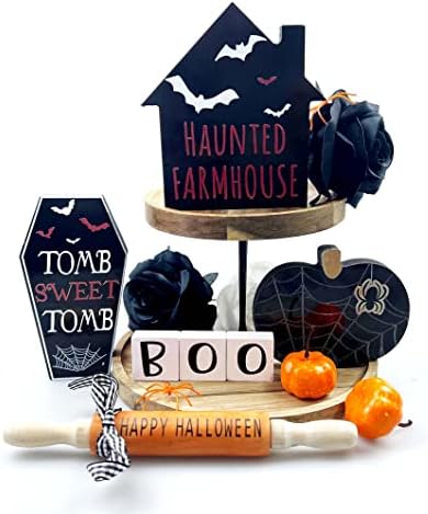 Декор за диференцирани тава за Хелоуин, Есенен декор, 9 бр. дървени знаци Boo Happy Halloween, включително дребна тиква от стиропор, Тематично декорация за Хелоуин, Деня на Бл