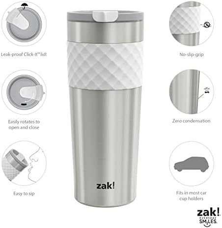 Пътен чаша Zak Designs Aberdeen с вакуумна изолация от неръждаема стомана 18/8 с херметически капак и силиконовата обвивка, поставена в автомобилните