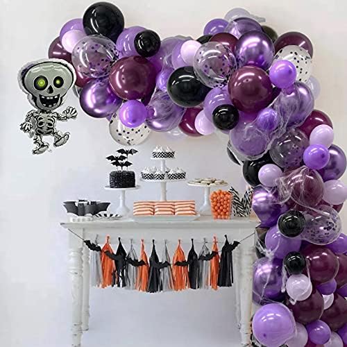 Комплект за декорация на Арки от балони за Хелоуин, Черно-Лилави Балони с Конфети, Балон с Череп и Паяжини на Хелоуин за