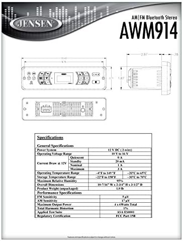 Мобилна аудио система Jensen AWM914, Изходна мощност 4 x 6 W на канал, Елементи за управление и дисплей с осветление, Електронен AM / FM тунер