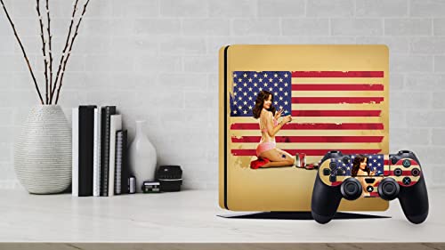 ZOOMHITSKINS Скинове конзола PS4 и контролер, Секси Момиче, Американска Жена, Ретро флаг на САЩ, червено, синьо, Класически,