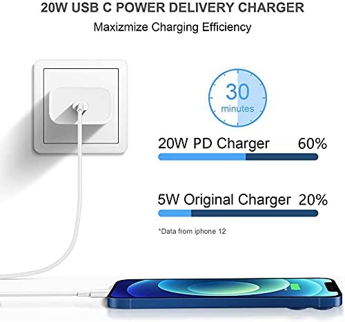 Бързо зарядно устройство за iPhone 12 с 3-футовым кабел Lightning Мощност 20 W PD Apple USB C Charger，Адаптер за Зарядно устройство Type C за iPhone 12/11/XR/XS/X/8/SE