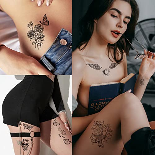 Casciybo Временни Татуировки с Черна Папийонка за жени и Момичета, 6 листа, Големи Изкуствени Крила на Пеперуда във формата на Цвете,