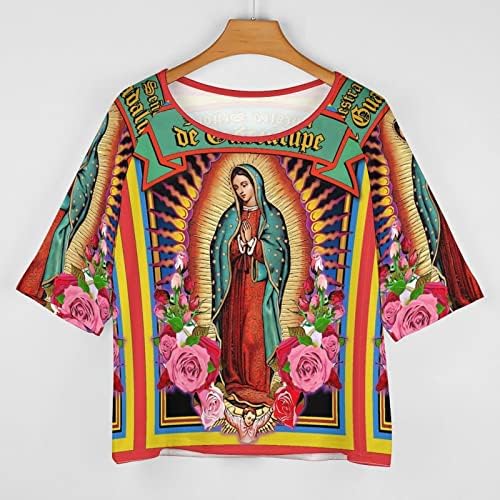 Женска тениска с пълна принтом Our Lady of Guadalupe Virgin Mary, Свободна Тениска със Средни ръкави и открити деколтета,