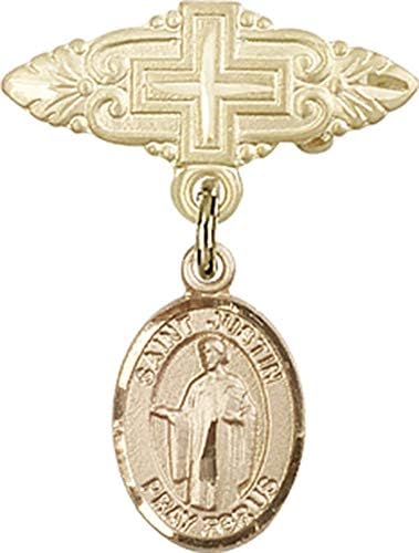 Детски икона Jewels Мания за талисман на Св. Джъстин и игла за бейджа с Кръст | Детски иконата със златен пълнеж с талисман на