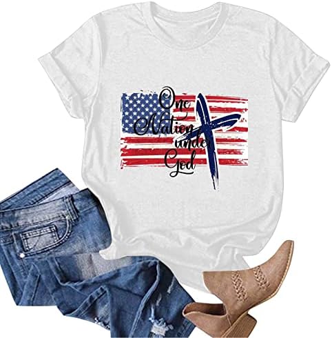 uikmnh Дамски Блузи Летни Блуза с къс ръкав с Флага на Съединените Щати Памучен Тениска Мешковатая Риза
