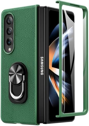 Калъф Caka за Galaxy Z Fold 4 - Калъф Fold 4 5G със Защитен пръстен за екран, Стойка за притежателя, Кожен калъф за мобилен телефон Samsung Galaxy Z Fold 4 2022 освободен - Зелен