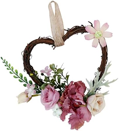 GPPZM Венец във формата на сърце от ратан, Изкуствени цветя, Украсени с Гирлянди от Копринени Рози (Цвят: A, Размер: 7,09 x 5,51 x 2,36 инча)