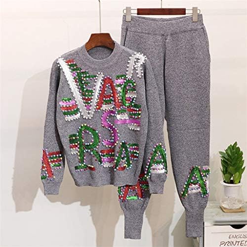 YUTRD ZCJUX / Комплект, Женски Есенно-зимния Вязаный пуловер с дълги ръкави, расшитый мъниста, пайети и букви, Дълги Панталони,