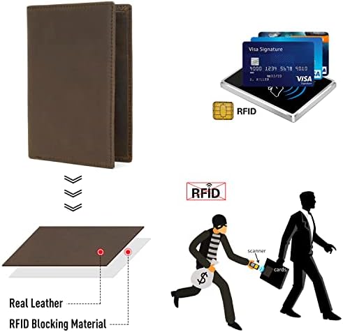 Polare Функционален RFID Блокиране на Кожен Държач за Паспорт, Пътен Двойна Чантата За Мъже (Тъмно кафяво)