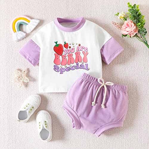 Подарък за малките момичета, Тениска с къси ръкави и Шарките на Ягоди с писмото принтом, Потници, къси Панталони (Лилаво, 18-24 месеца)