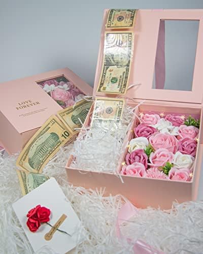 Money Pull Кутия за подарък пари - Подарък кутия с капак и панделка, Луксозен Подарък кутия с цветна принтом, Уникален подарък-изненада за рождения Ден (Розов)