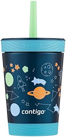 Непроливающийся чаша Contigo Kids неръждаема стомана, на 12 унции с соломинкой и капак Thermalock, Синя Малина бутилка за вода Cosmos &