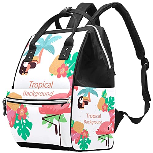 Голяма Детска Чанта за Памперси Раница, Цветя Фламинго, Тропически Фон Чанта за Памперси Пътна Чанта за мама и Татко