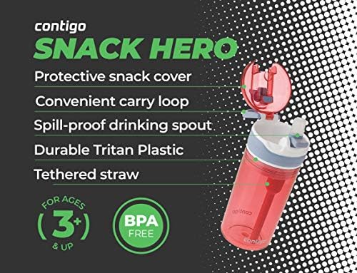 Комплект бутилки за вода Contigo Snack Hero, бутилка за вода 2 в 1 с отделение за закуски в 4 унции и бутилка за вода 13 грама,
