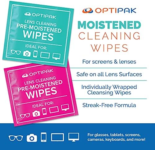 OPTIPAK Предварително навлажнени кърпички за почистване на очила и лещи - кърпички за Еднократна употреба в индивидуална опаковка за очила,