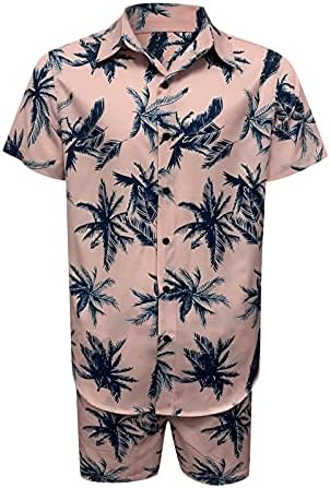 Комплекти, мъжки Ежедневни хавайски ризи копчета GXLONG, Плажни Ризи с отворотами за Йога с къс ръкав и къси Панталони с еластичен ластик на талията (Розово, XX-Large)