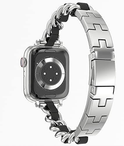 Съвместим с каишка на Apple Watch 41 мм серия 7/6/5/4, джапанки 40 мм, Гривната за жени, тънък метален Кожена каишка с преминаването
