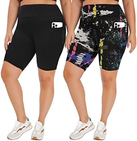 TNNZEET 2 опаковки Байкерских шорти размер на Плюс с висока талия 8 инча за жени —Мазни Меки Черни къси Панталони за йога