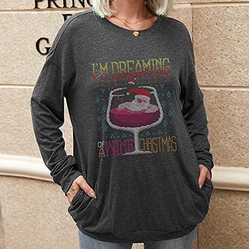 Жена коледна чаша за вино, туника, пуловер, риза с кръгло деколте, дълъг ръкав, hoody с надпис, Ежедневна блуза, блузи