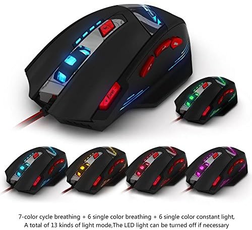 Детска мишката, zelotes, Жичен Оптична Ергономична Детска USB мишка с резолюция 9200 точки на инч, 8 бутони, 7 вида led лампи, Набор от настройки на тегло, за лаптоп, PC, Mac - Черен