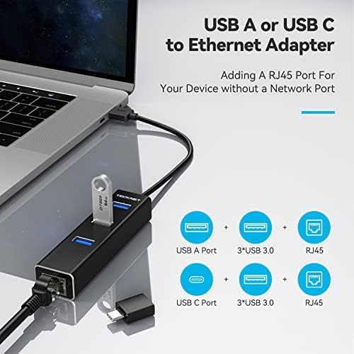 Адаптер TECKNET USB Ethernet, USB C-Ethernet, Алуминиев 3-Портов Хъб USB 3.0 адаптер RJ-45 10/100/1000 Gigabit Ethernet Жичен