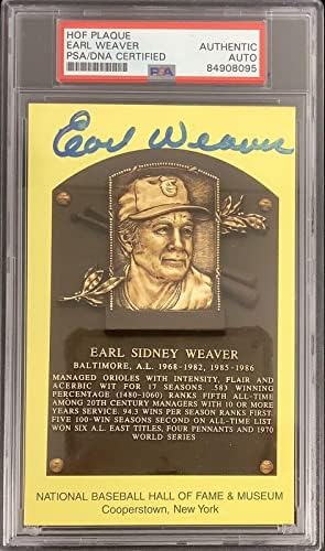 Ърл Уивър Подписани пощенска Картичка със златна табелка HOF, Жълто Автограф БАЛ Orioles, Издълбани Подпис PSA/ DNA - MLB