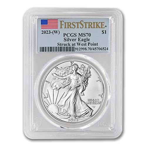 2023 (W) Монети с американски сребърен орел MS-70 с тегло 1 тройунция (Първият удар е нанесен в Уест Пойнт - етикет с флага) на стойност 1 милион 70 gbp