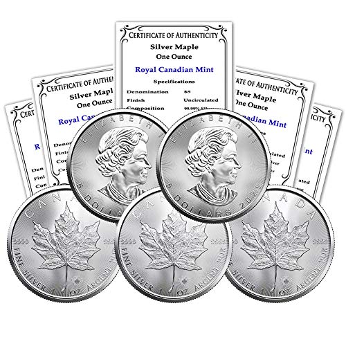 Около 2021 г. Лот от (5) сребърни монети под формата на канадския кленов лист с тегло 1 унция, блестящи, без да се прибягва, с нашите сертификати