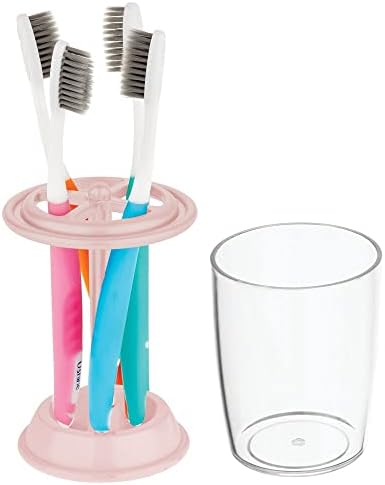 mDesign Компактен Декоративна Пластмасова Маса, за Тоалетна Масичка в Банята, Поставка за паста за зъби и четка за зъби с Чаша за Изплакване / Капак - Светло Розов / Проз?