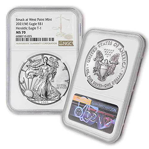 Монета от 2021 година с американски сребърен орел MS70 с тегло 1 унция (W) (Хералдически орел T-1, отчеканенный на монетния двор на Уест-Пойнта) от CoinFolio за 1 долар MS-70 NGC