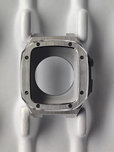 AEMALL Кожена Каишка-гривна, Метален Корпус за часа Bezel за Apple Watch Серия 7 se 6 5 4 3 iwatch Модифицирани Аксесоари 41 мм 44 мм 45 мм (Цвят: бял, размер: 44 mm)
