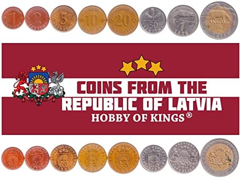 8 Монети от Латвия | Колекция латвийски монети 1 2 5 10 20 50 Сантима 1 2 Лата | В обращение 1992-2009 | Крава | Сьомга | Лъв | Grifon
