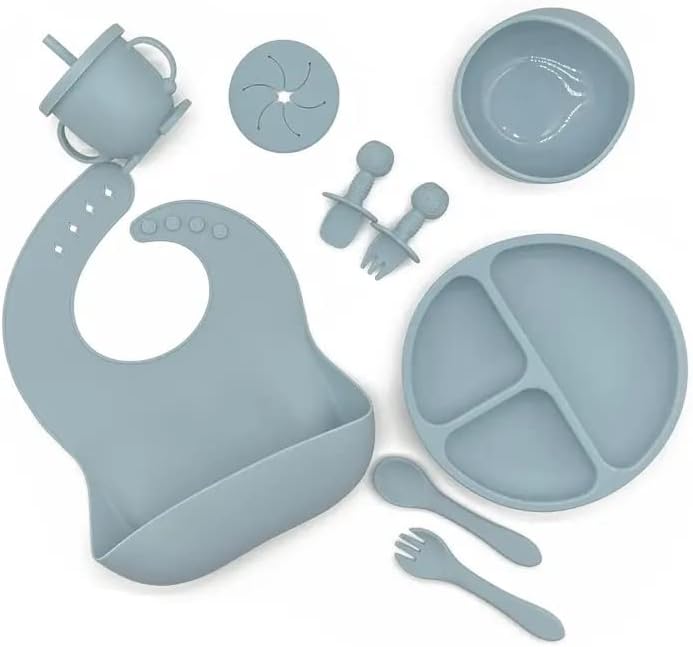 Силиконов комплект за хранене за деца HippoBaby, 9 теми, за да проверите за отбиване от гърдата с led подсветка, Комплект чинии
