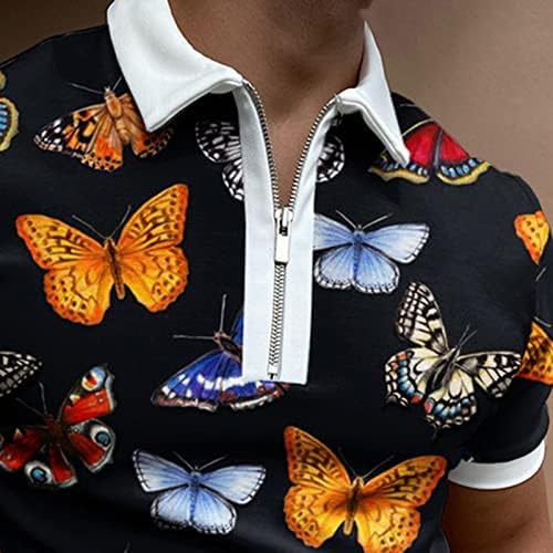 ZDDO Мъжки Ризи Поло С цип, Летни Тениски за Голф с къс Ръкав и Принтом Пеперуди, Реколта Ежедневни Тениска
