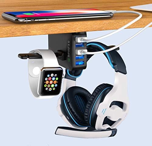 Поставка за слушалки Ausfore с USB-Зарядно устройство QC 3,0, Под Настолна Слушалки, стойка за Слушалки, Шкаф с 5 USB Порта за Настолни игри,