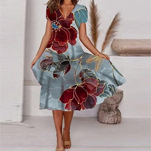 ADSSDQ Женствена рокля, Лятна Ежедневни Модни Свободна Миди Полата С Флорални Принтом, Къс Ръкав, V-образно деколте, страхотна Рокля-люлка