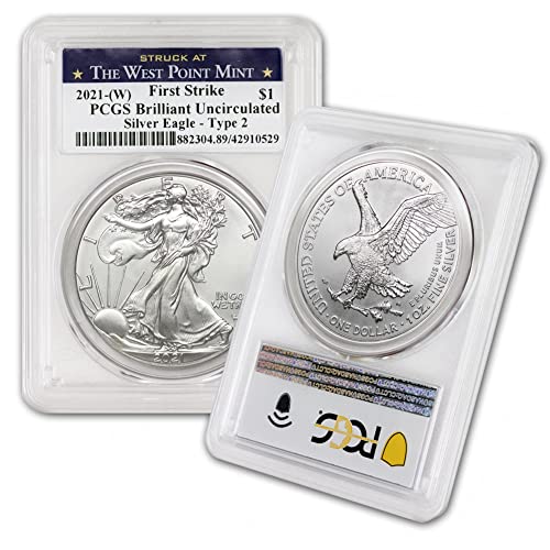 Монета американски сребърен орел 2021 година (W) тегло 1 унция, брилянт, без защита (тип 2 - на Първия удар - със званието на монетния двор на Уест-Пойнта), 1 долар на САЩ